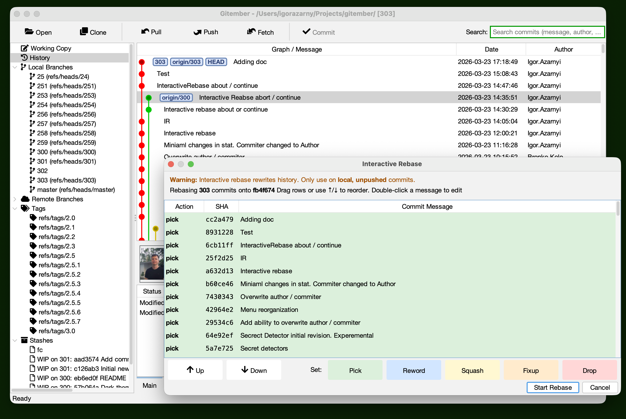 Interactive rebase dialog