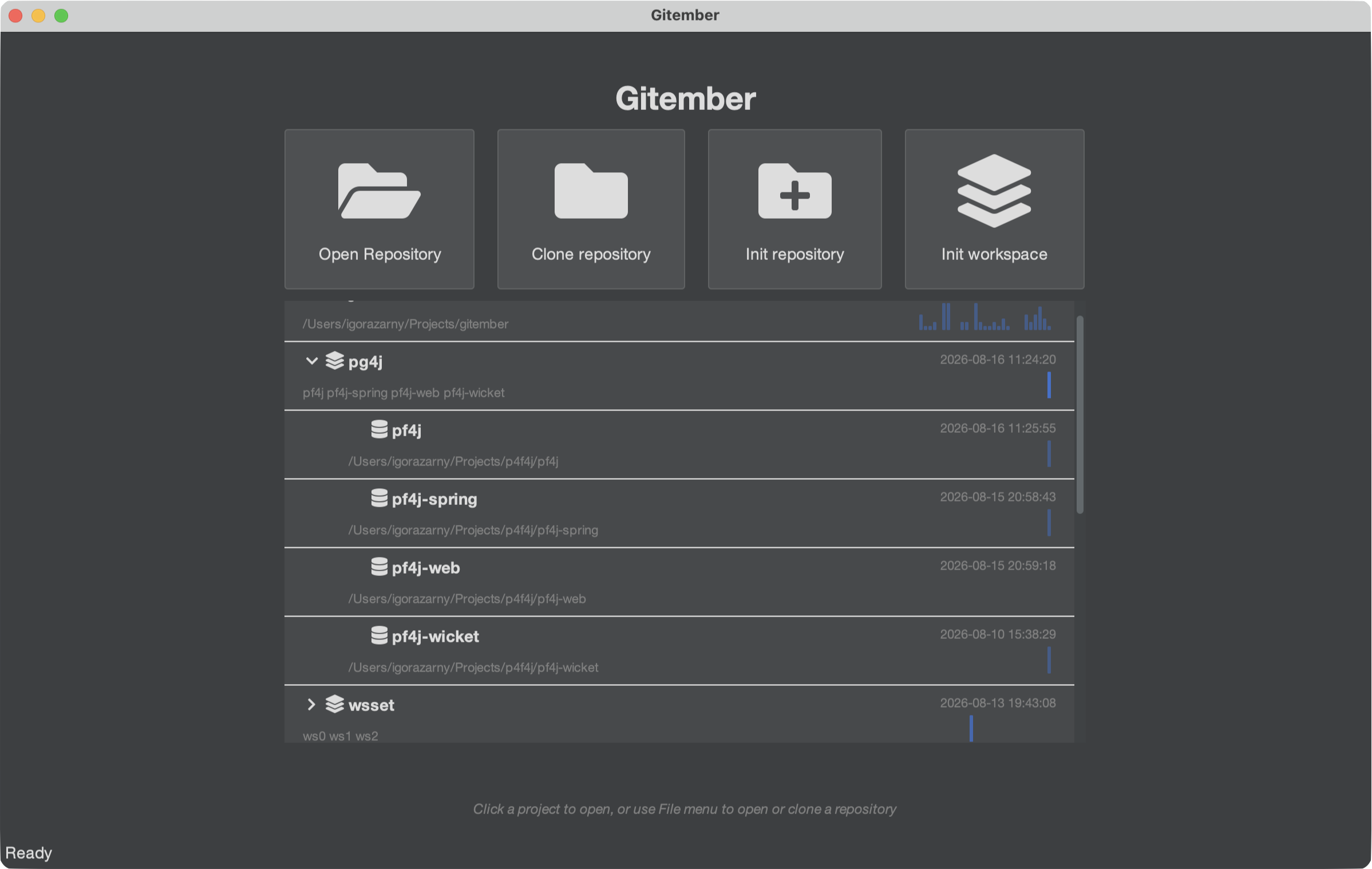 Gitember welcome screen listing workspaces with their member repositories