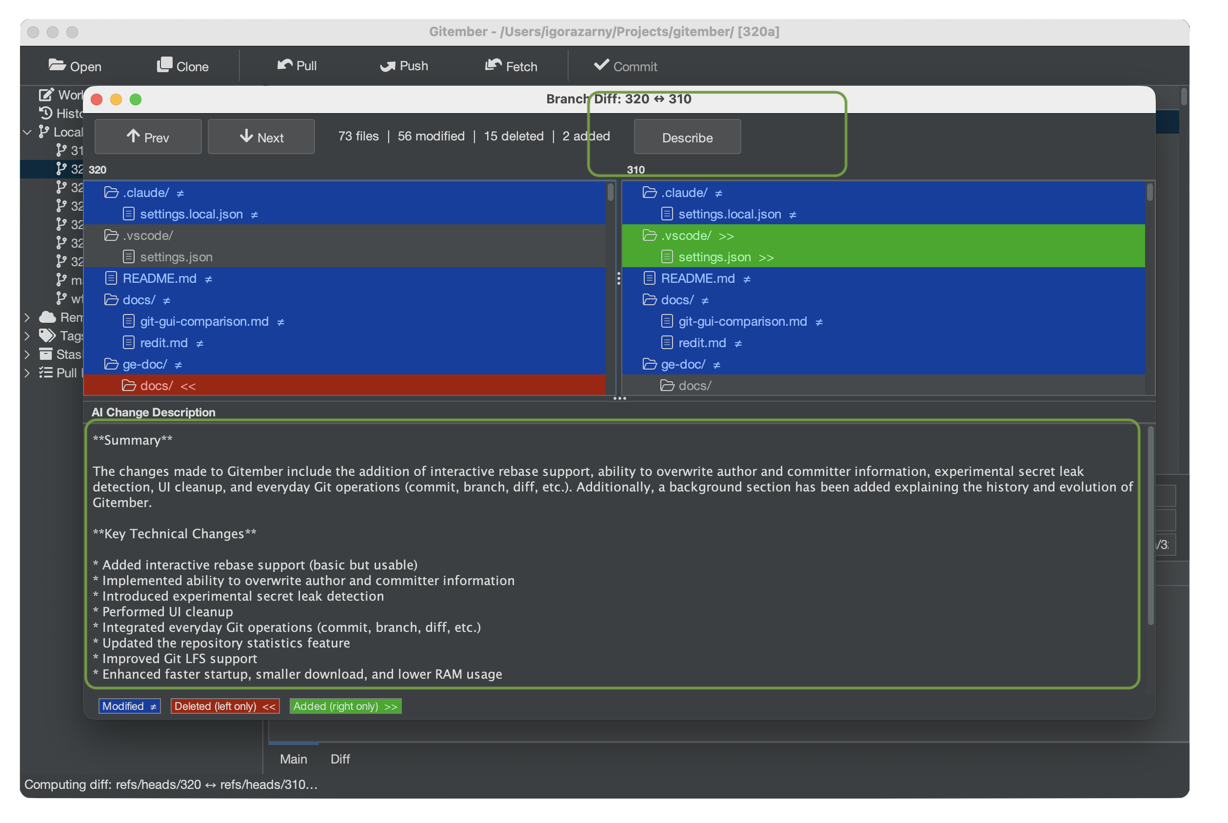 Branch diff with AI description