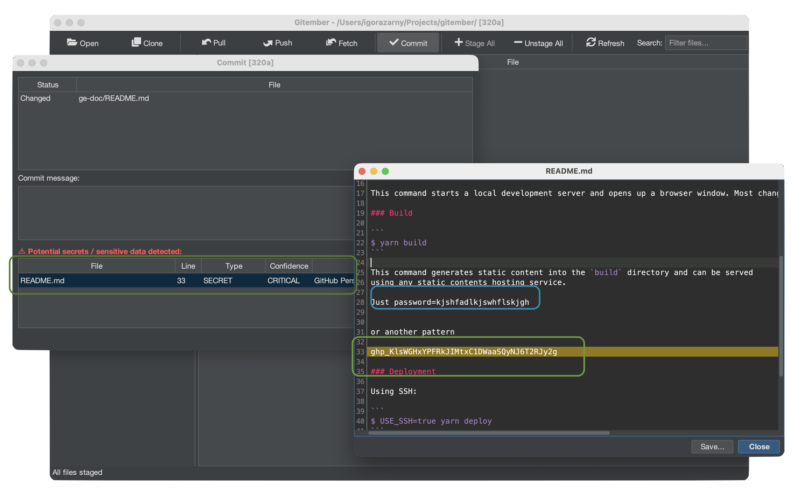 Secret findings in commit dialog