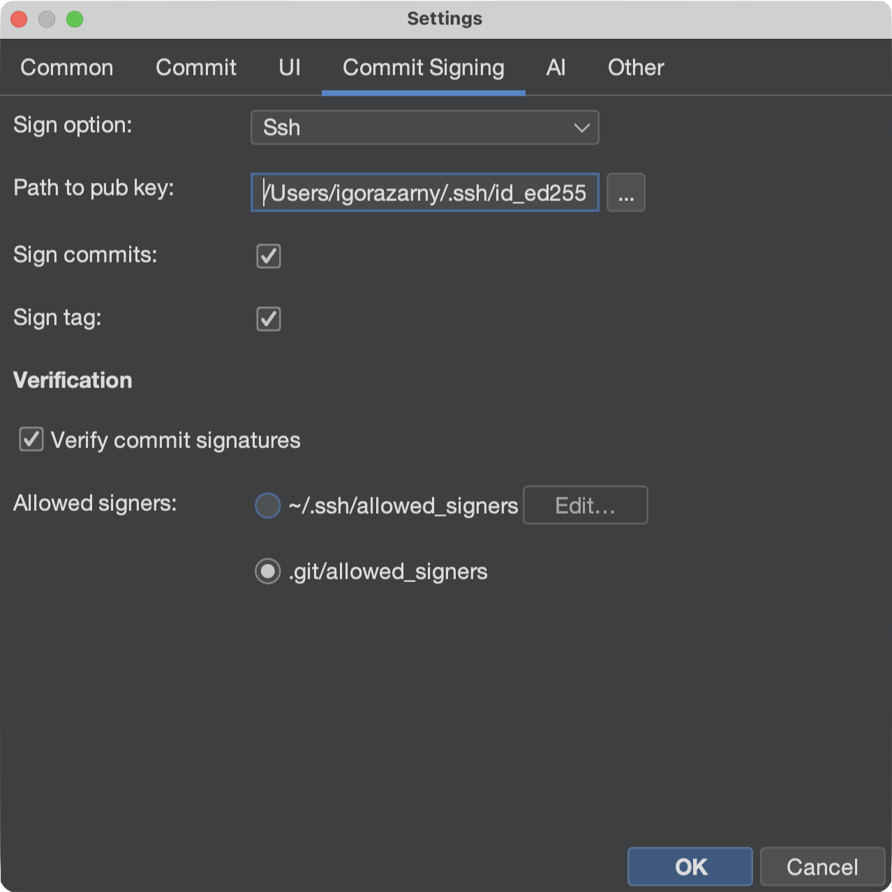 Commit Signing settings